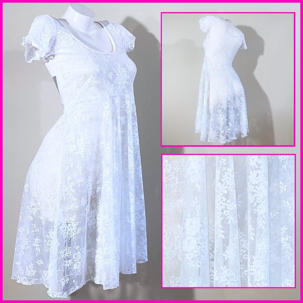 BEAUTIFUL NEW "NATALIE DANCEWEAR" XXL WHITE SHORT SLEEVE SHEER LACE COVER DRESS